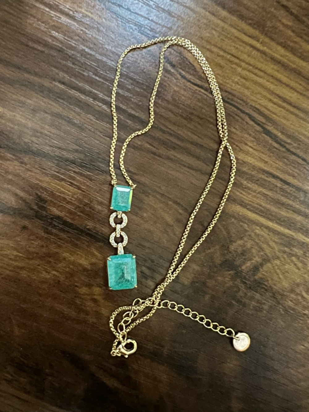Gold Chain Necklace with Teal Green Gemstone Pendants